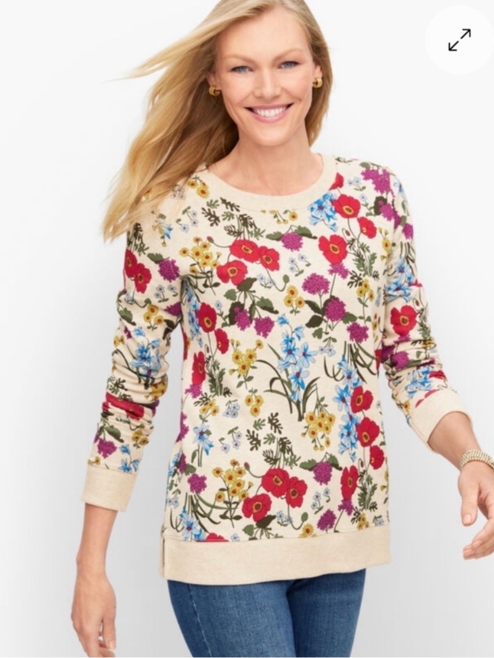 Talbots Elegant Floral Crewneck Sweatshirt with Red, Blue & Yellow Blooms